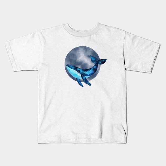 Cute watercolor space blue whale illustration with blue moon bubble Kids T-Shirt by Ieva Li ART